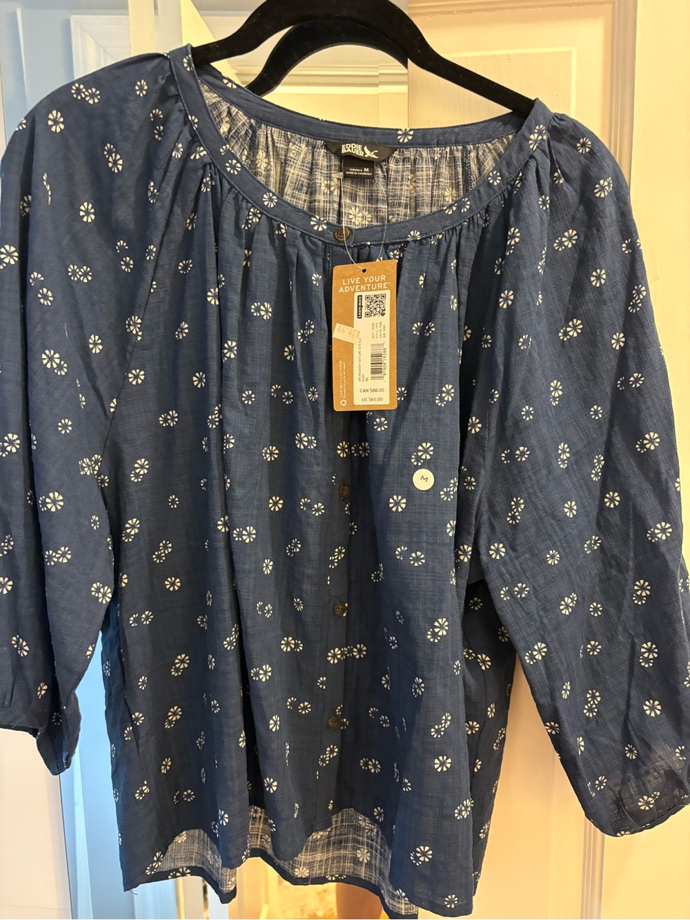 Eddie Bauer Navy Blue Button-Down Peasant Blouse with White Floral Print - NWT